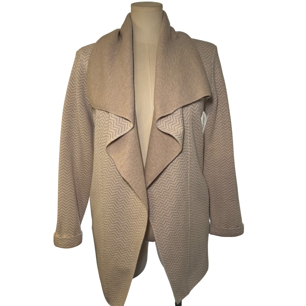 Adrienne Vittadini Beige Herringbone‎ Wool Blend Draped Open Cardigan L Pockets